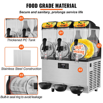 Máquina Slushy Comercial 3x12L Aço Inoxidável 220V