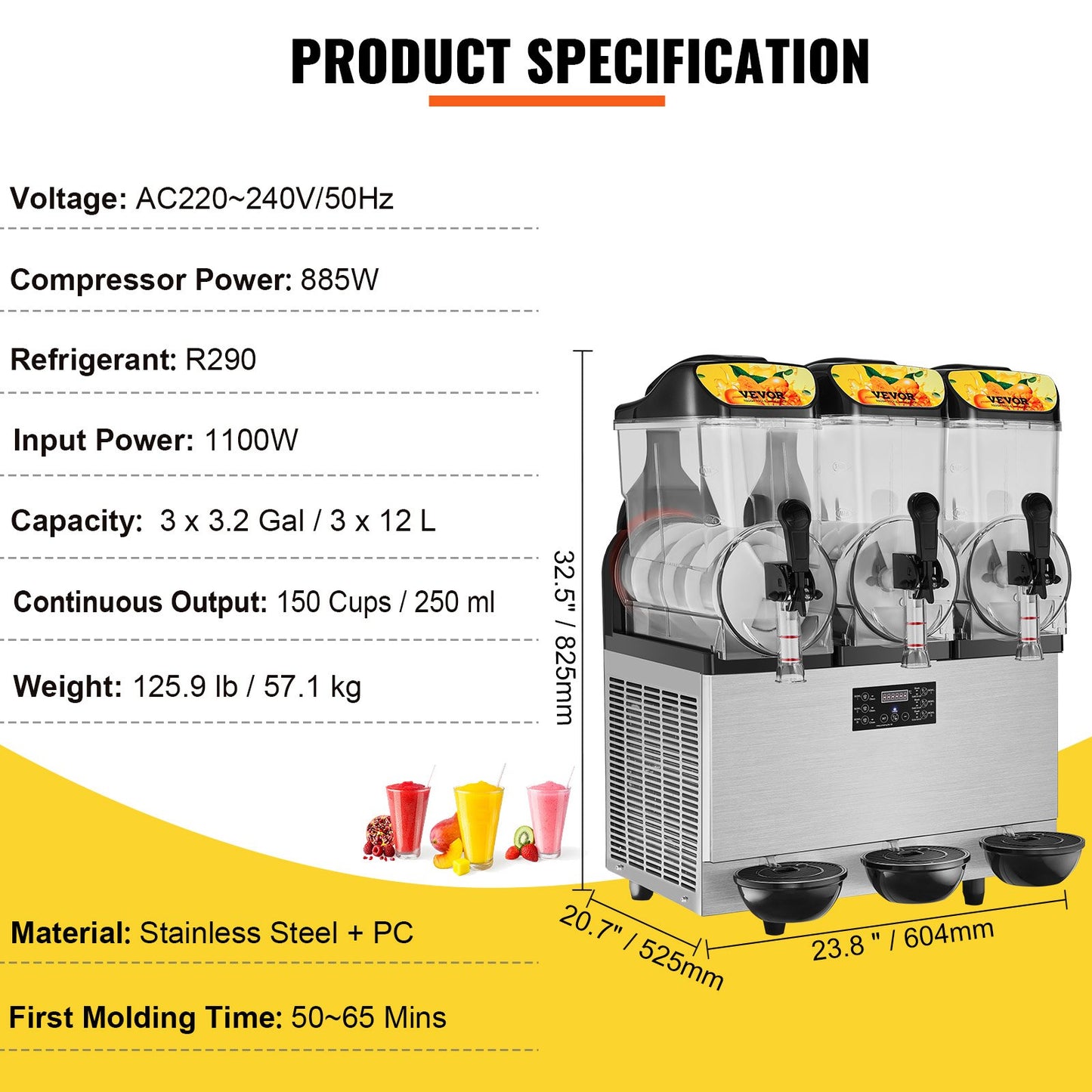 Máquina Slushy Comercial 3x12L Aço Inoxidável 220V