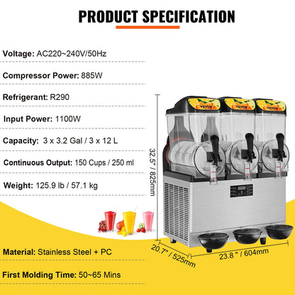 Máquina Slushy Comercial 3x12L Aço Inoxidável 220V