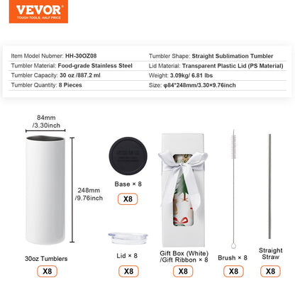 Pack 8 Copos Sublimação 30oz Aço Inoxidável com Acessórios