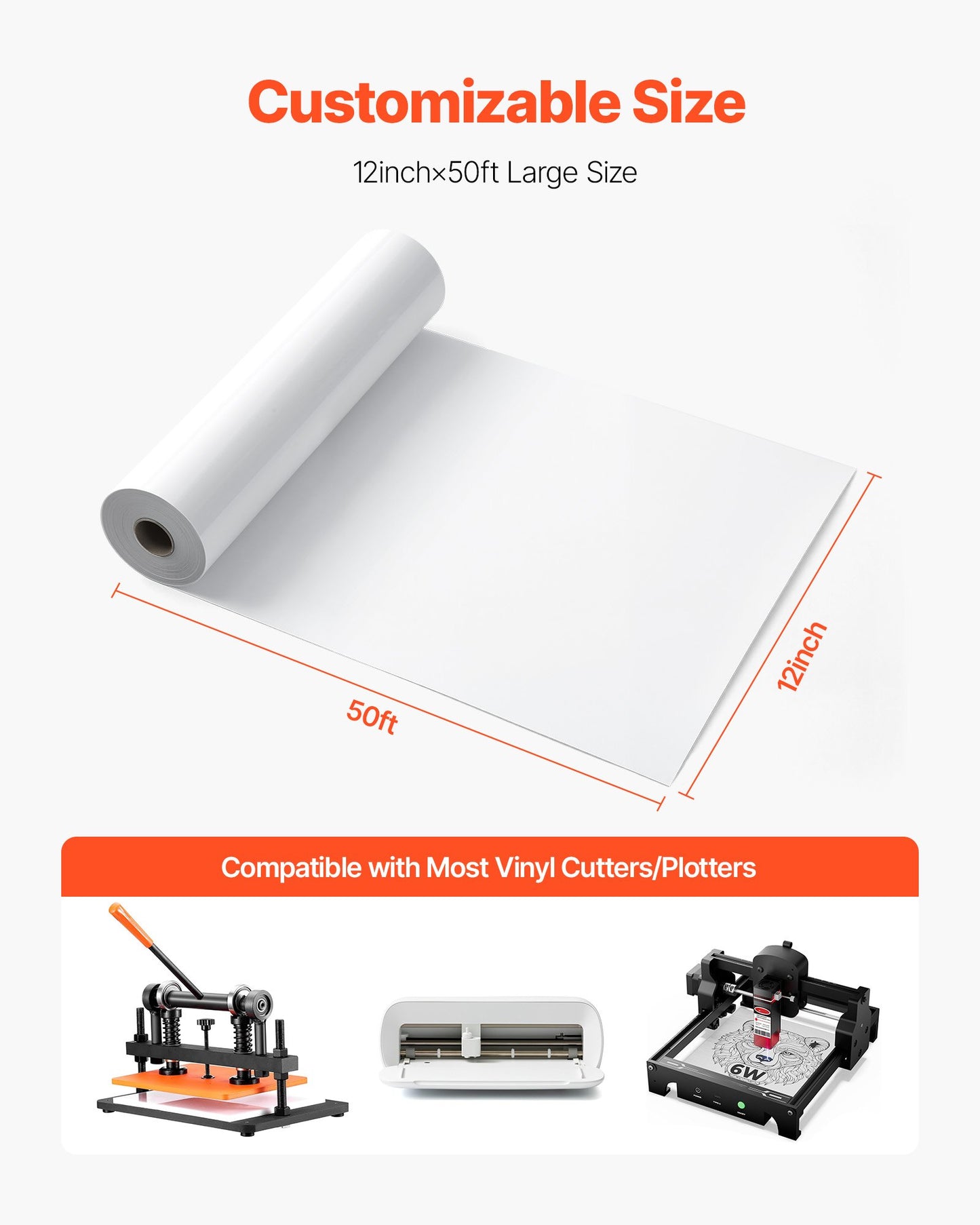 Vinil Transferência Térmica VEVOR Branco Brilhante Rolo 30x15240mm