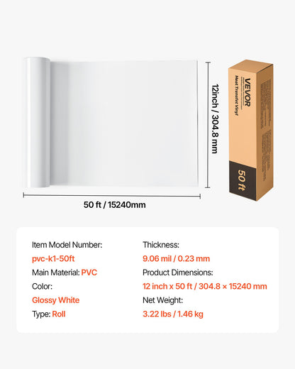 Vinil Transferência Térmica VEVOR Branco Brilhante Rolo 30x15240mm