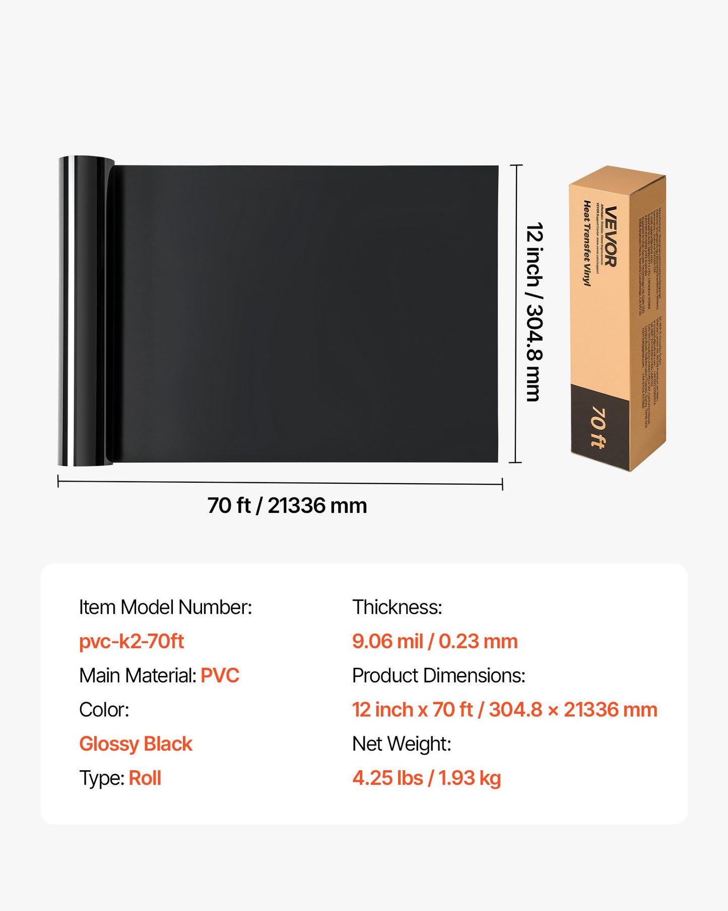 Vinil Transferência Térmica VEVOR Preto Brilhante 304.8x21336mm