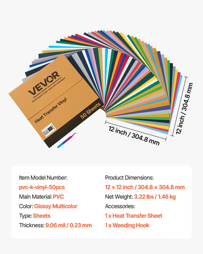 Vinil Transferência Térmica VEVOR 50 Folhas Multicolor