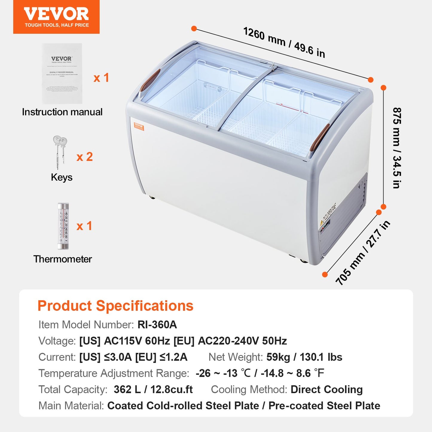 Expositor de Gelados Comercial VEVOR 362L com Tampa de Vidro