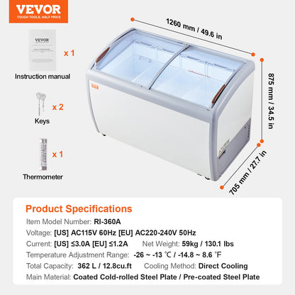 Expositor de Gelados Comercial VEVOR 362L com Tampa de Vidro