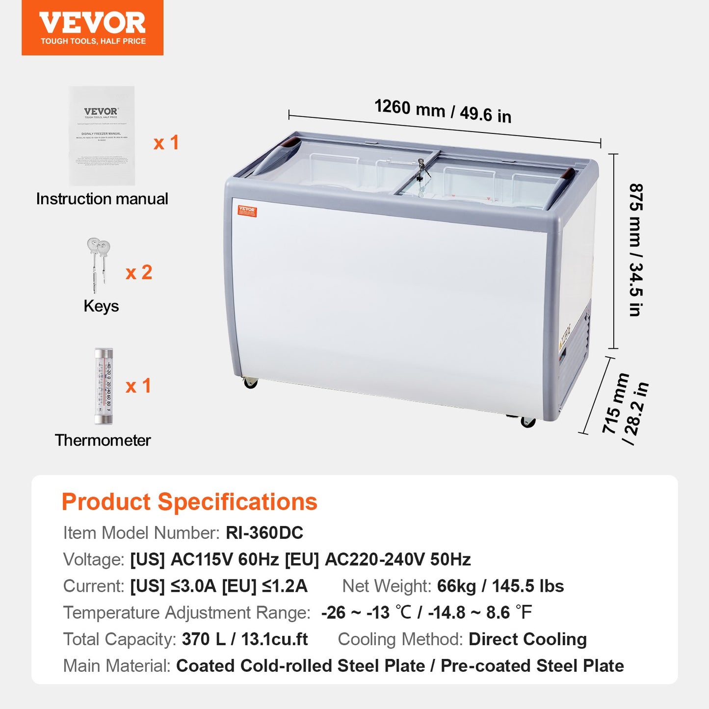 Expositor Comercial Gelados VEVOR 370L com Tampa de Vidro Móvel