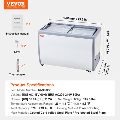Expositor Comercial Gelados VEVOR 370L com Tampa de Vidro Móvel