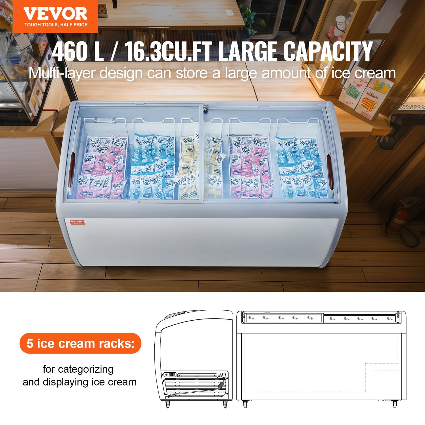 Vitrine Comercial para Gelados VEVOR 460L com Rodas
