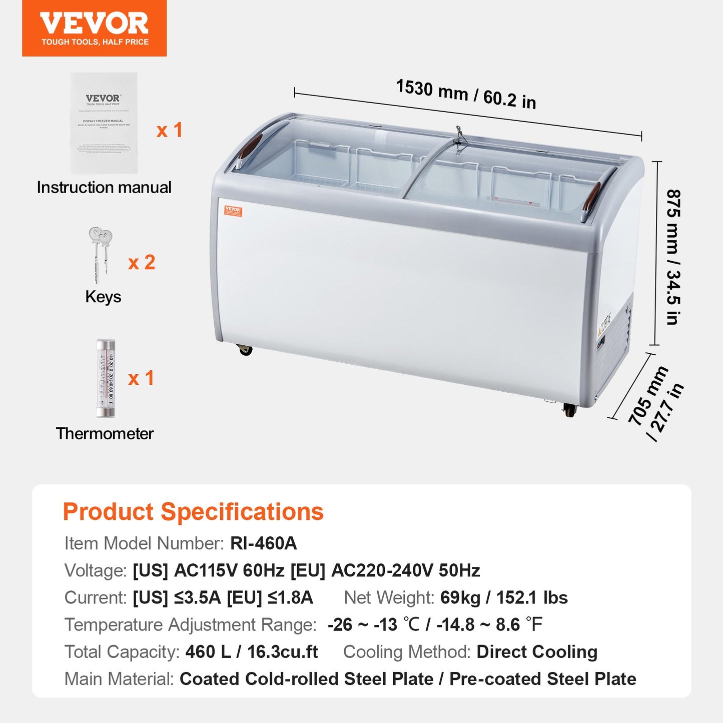 Vitrine Comercial para Gelados VEVOR 460L com Rodas