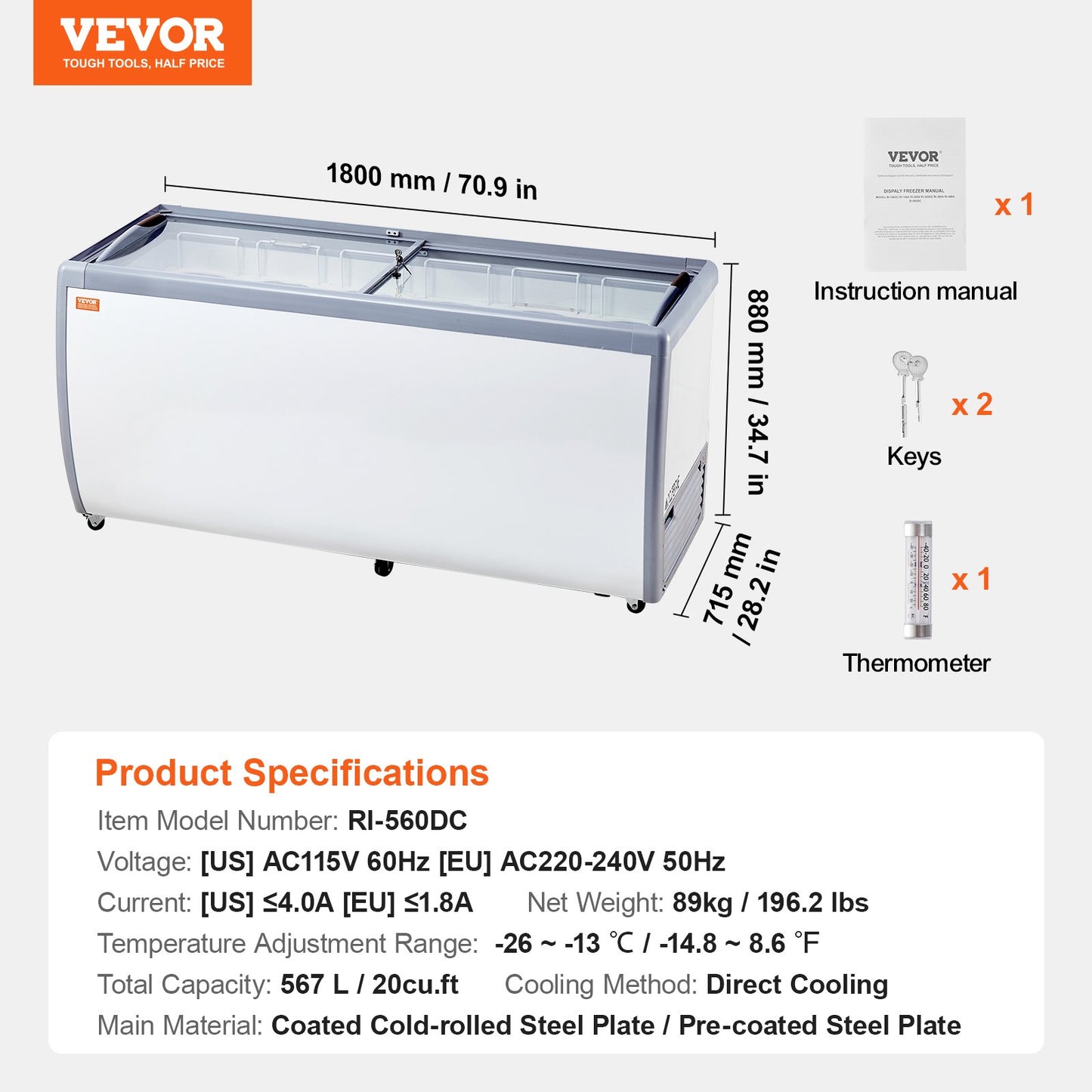 Expositor Comercial de Gelados VEVOR 567L com Tampa de Vidro