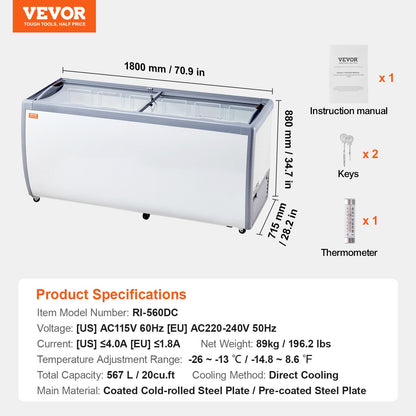 Expositor Comercial de Gelados VEVOR 567L com Tampa de Vidro
