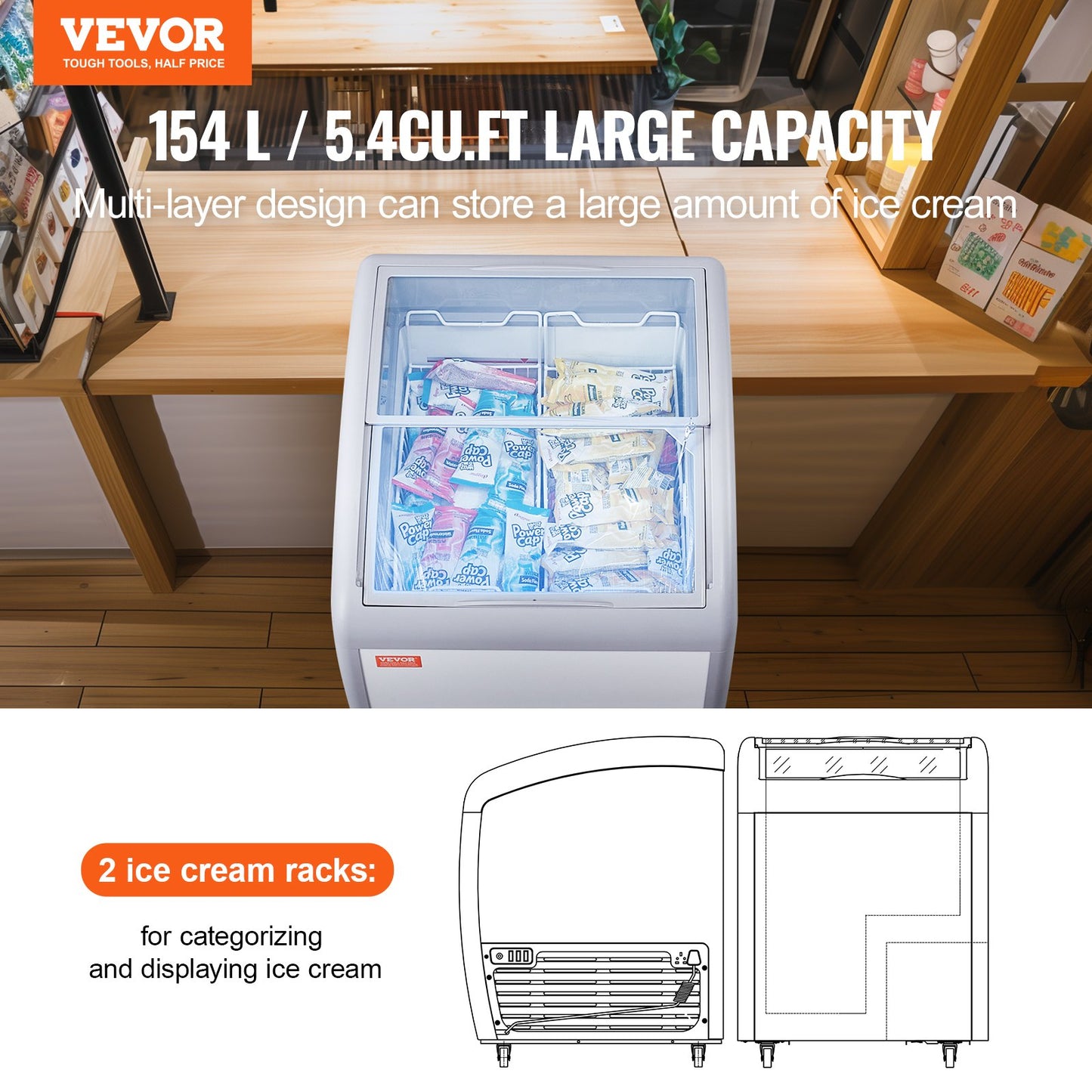 Vitrina Comercial para Gelados VEVOR 154L com Tampa de Vidro