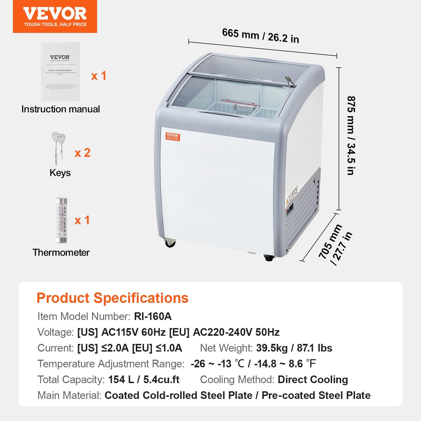 Vitrina Comercial para Gelados VEVOR 154L com Tampa de Vidro