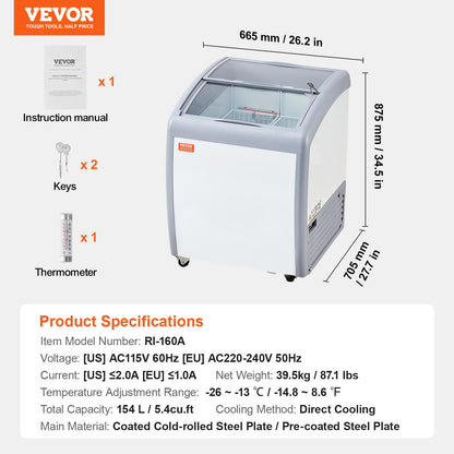 Vitrina Comercial para Gelados VEVOR 154L com Tampa de Vidro