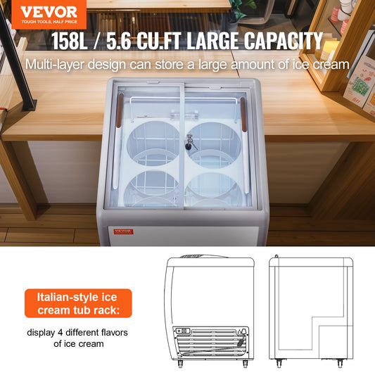 Expositor Comercial de Gelados VEVOR 158L com Tampa de Vidro