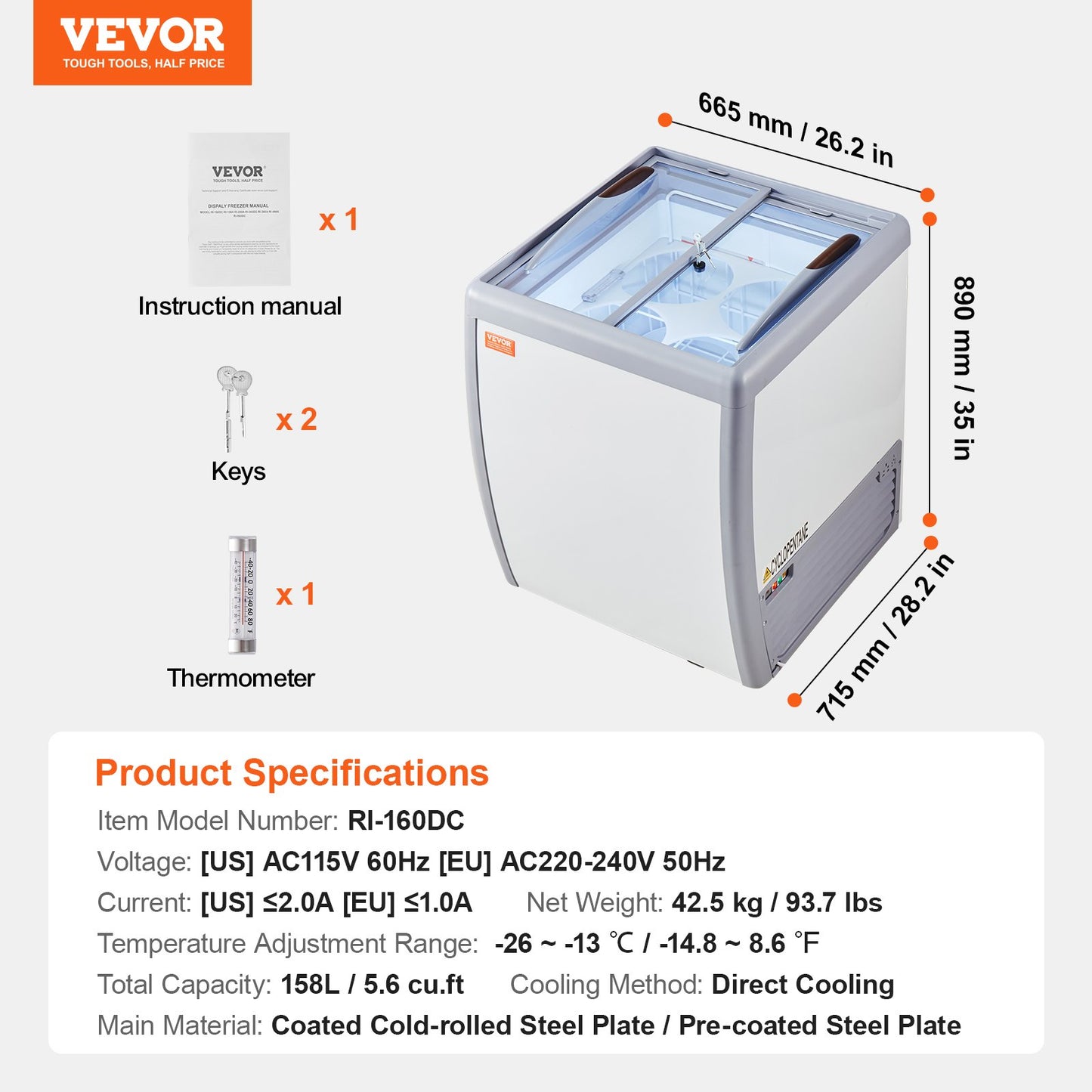 Expositor Comercial de Gelados VEVOR 158L com Tampa de Vidro