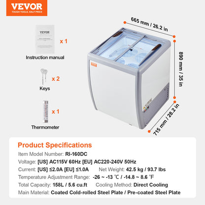 Expositor Comercial de Gelados VEVOR 158L com Tampa de Vidro