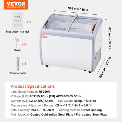 Vitrine Congeladora Comercial 264L com Tampa de Vidro Móvel