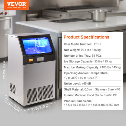 Máquina de Gelo Comercial VEVOR 100lbs/24H Rápida