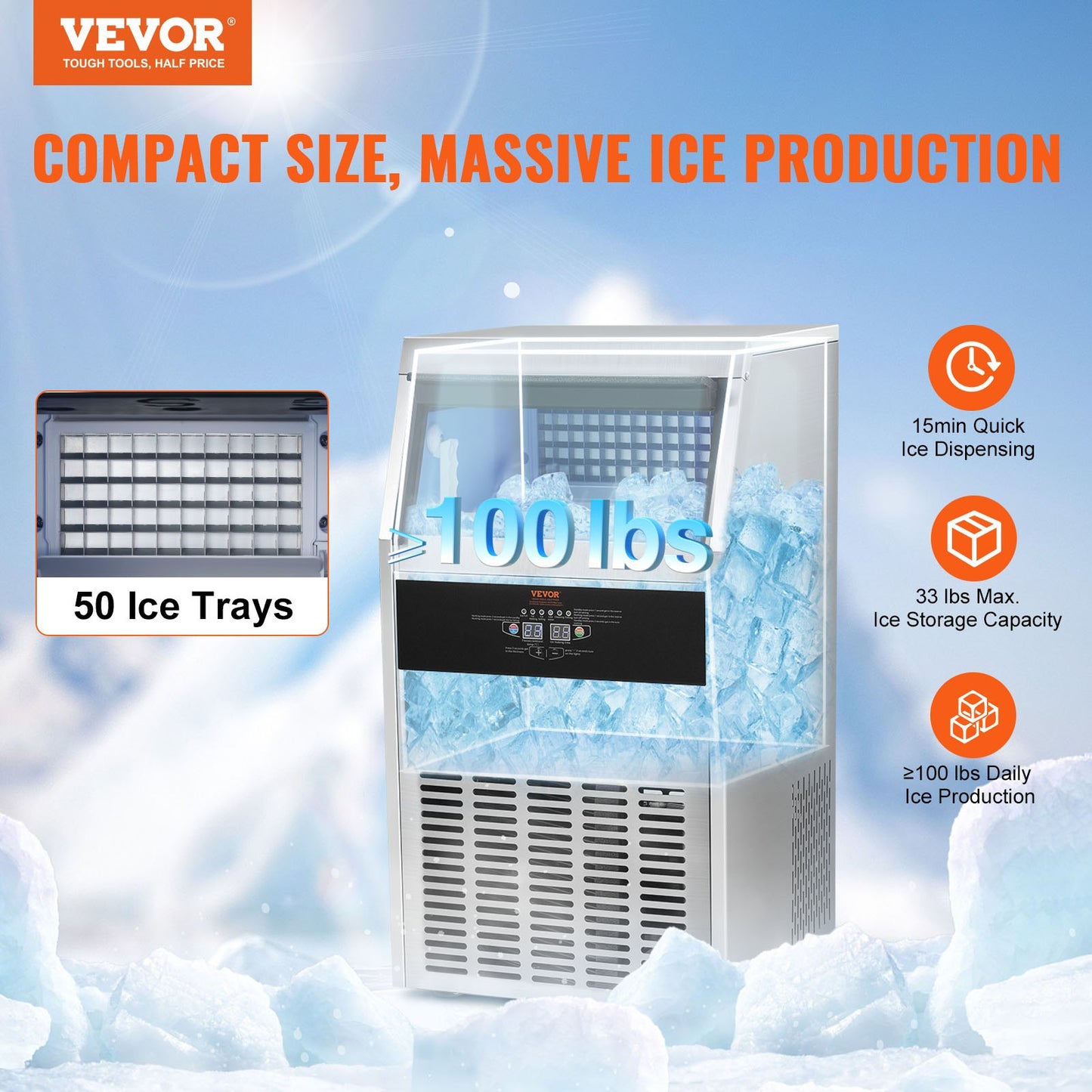 Máquina de Gelo Comercial VEVOR 100lbs/24H Rápida