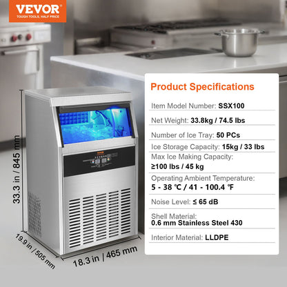 Máquina de Gelo Comercial VEVOR 100lbs/24H Rápida