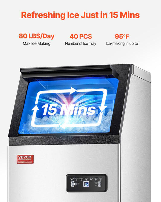 Máquina de Gelo Comercial VEVOR 80lbs/24H com Display LED
