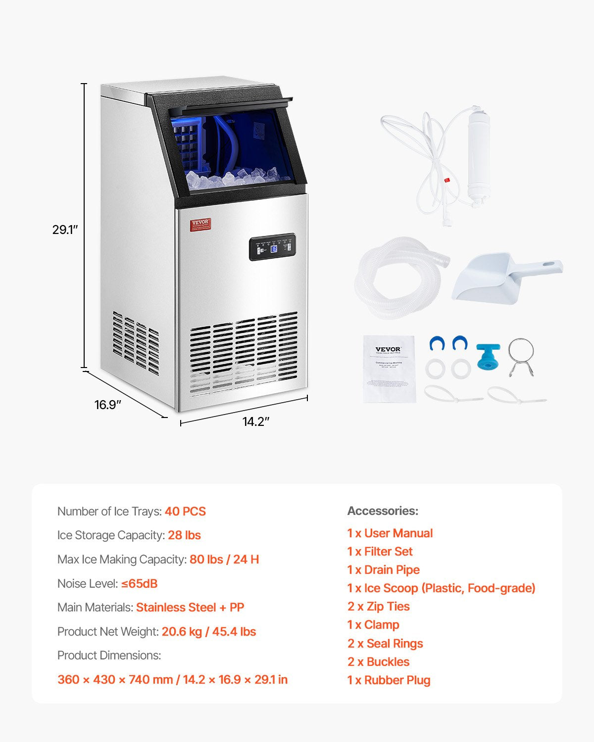 Máquina de Gelo Comercial VEVOR 80lbs/24H com Display LED