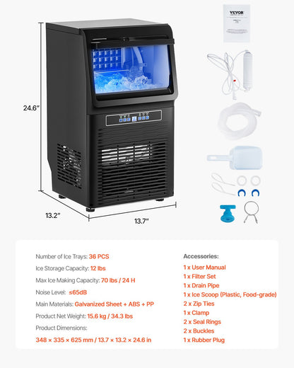 Máquina de Gelo Comercial VEVOR 31.8 kg/24H 36 Cubos