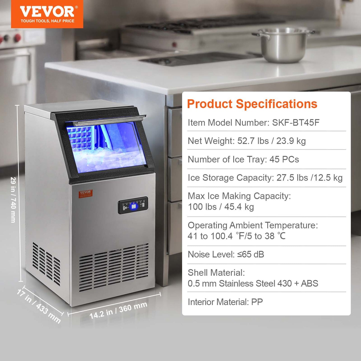 Máquina de Gelo Comercial VEVOR 45.4 kg/24h - 45 Cubos
