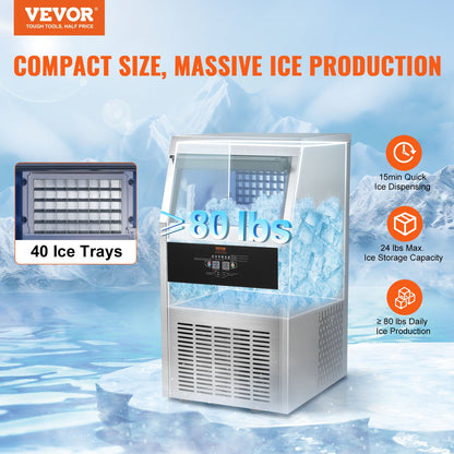 Máquina de Gelo Comercial VEVOR 80lbs/24H com Display LED