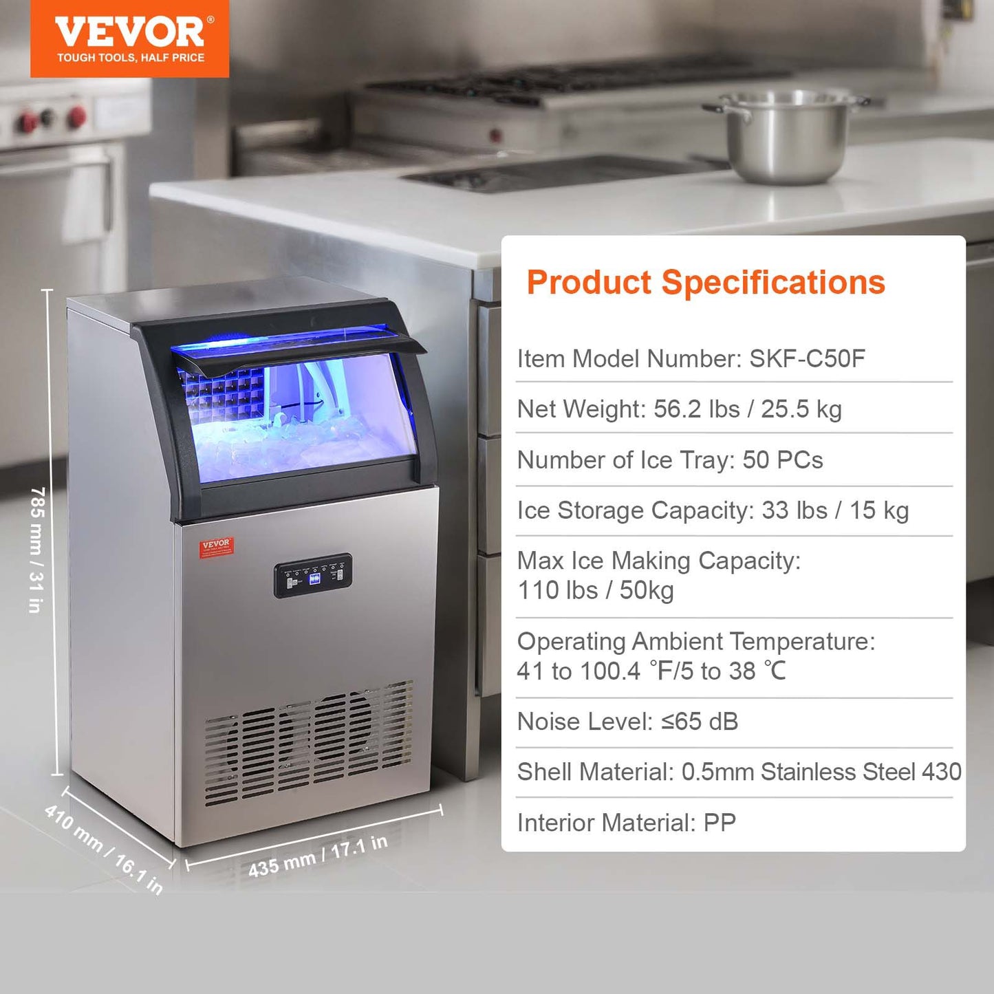 Máquina de Gelo Comercial VEVOR 54kg/24h - 50 Cubos