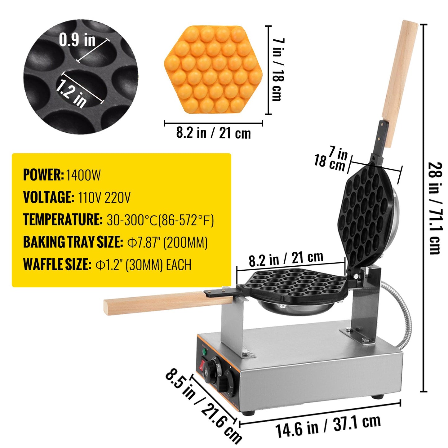 Máquina Profissional de Waffles de Ovo VEVOR 220V 1400W