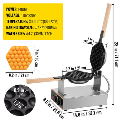 Máquina Profissional de Waffles de Ovo VEVOR 220V 1400W