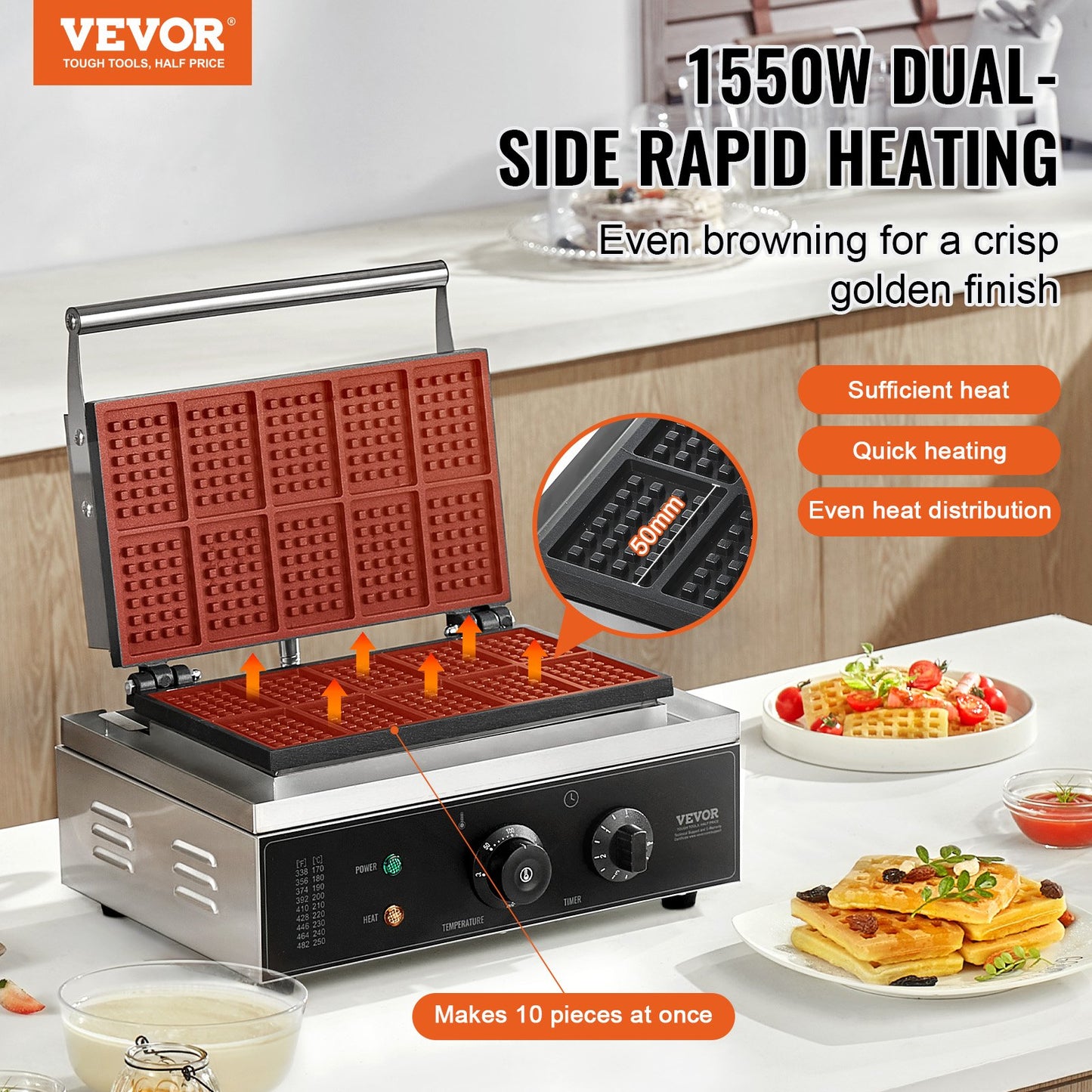 Máquina Profissional de Waffles 10 Unidades VEVOR