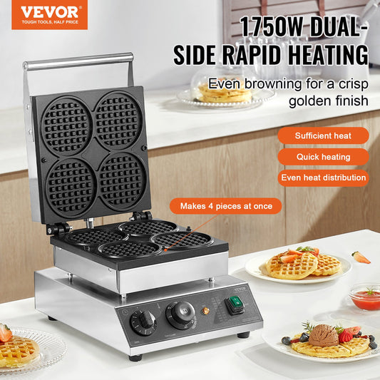 Máquina Profissional de Waffles 4PCS 1750W Inox