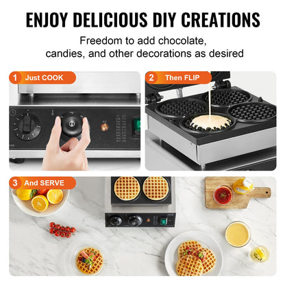 Máquina Profissional de Waffles 4PCS 1750W Inox