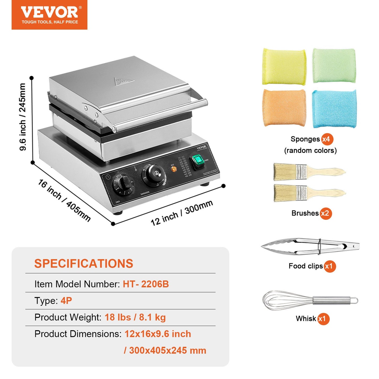 Máquina Profissional de Waffles 4PCS 1750W Inox