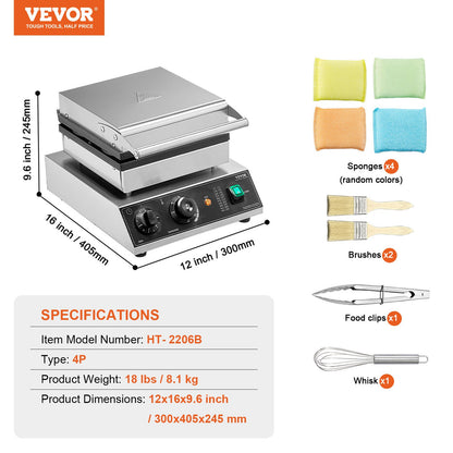 Máquina Profissional de Waffles 4PCS 1750W Inox