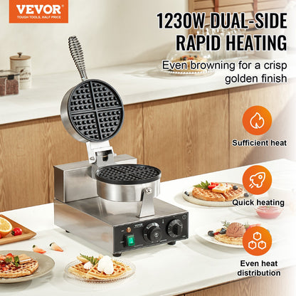 Máquina de Waffles Profissional VEVOR 1230W em Aço Inox