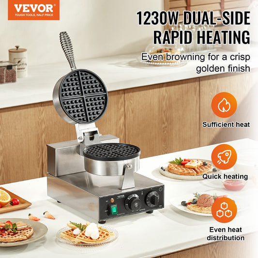 Máquina de Waffles Profissional VEVOR 1230W em Aço Inox