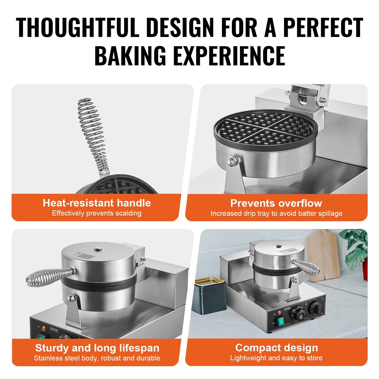 Máquina de Waffles Profissional VEVOR 1230W em Aço Inox