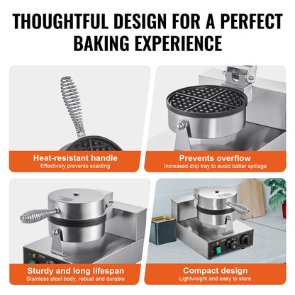 Máquina de Waffles Profissional VEVOR 1230W em Aço Inox