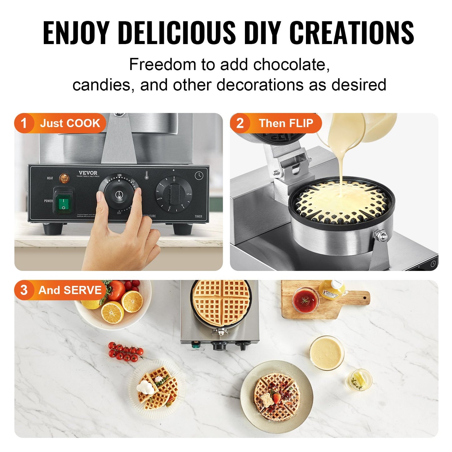 Máquina de Waffles Profissional VEVOR 1230W em Aço Inox