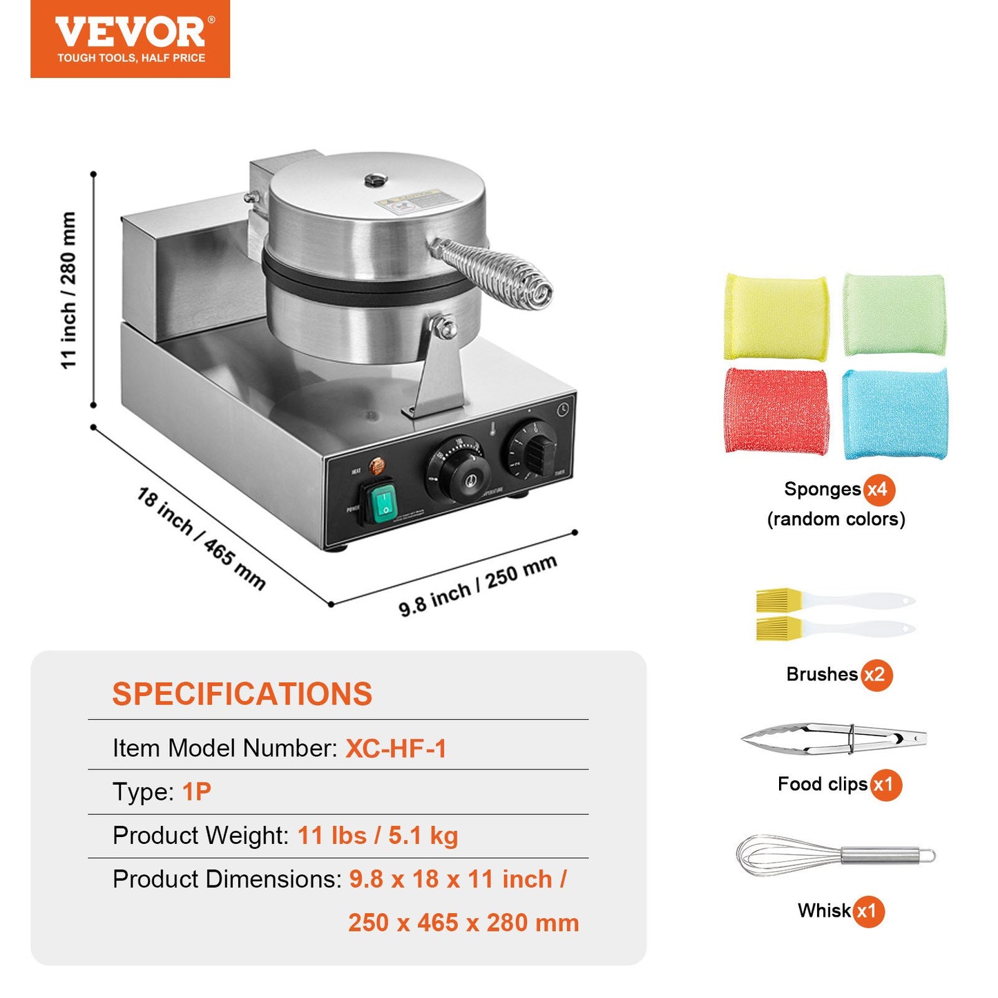 Máquina de Waffles Profissional VEVOR 1230W em Aço Inox