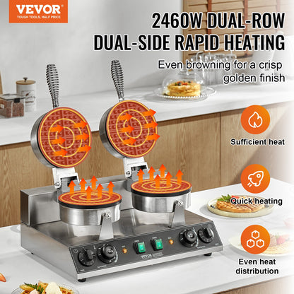 Máquina Profissional de Waffles Dupla 2460W em Aço Inox