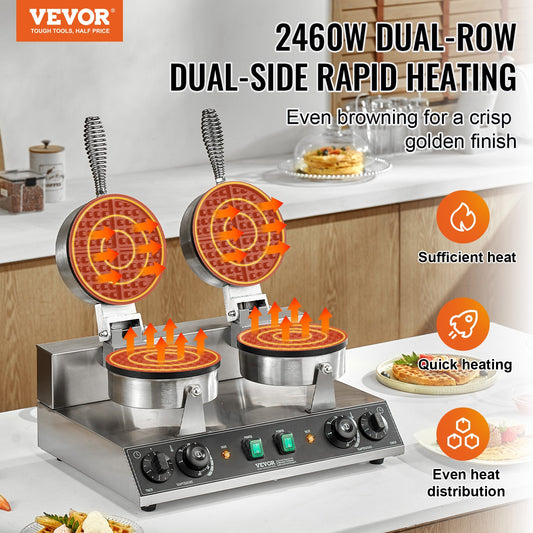 Máquina Profissional de Waffles Dupla 2460W em Aço Inox