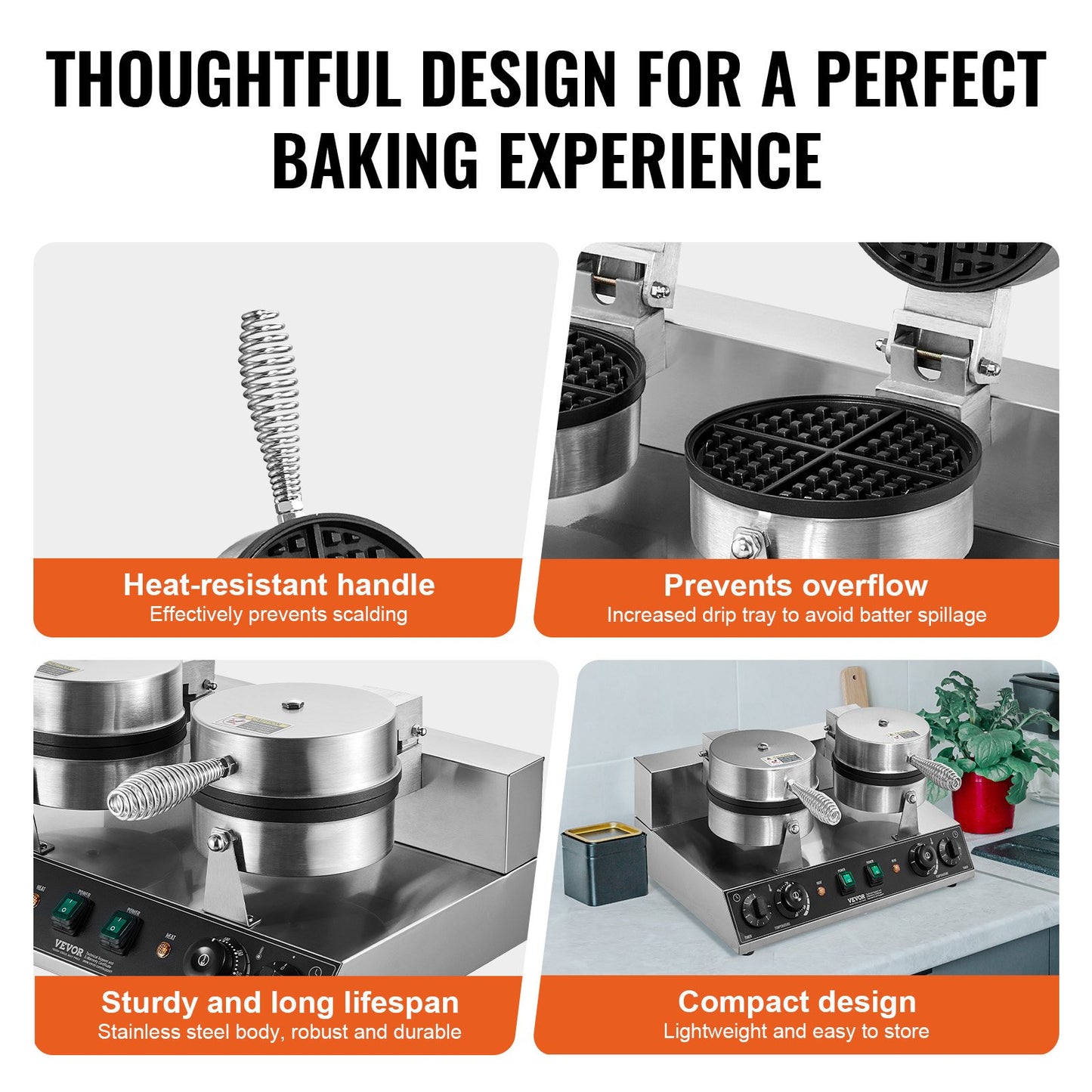 Máquina Profissional de Waffles Dupla 2460W em Aço Inox