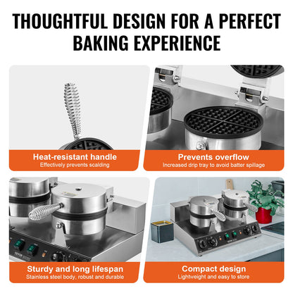 Máquina Profissional de Waffles Dupla 2460W em Aço Inox