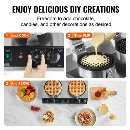 Máquina Profissional de Waffles Dupla 2460W em Aço Inox